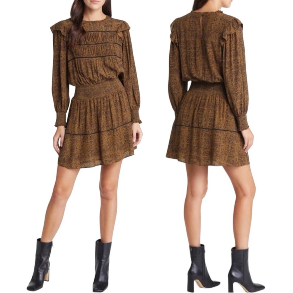 RAILS Faren Sepia Python Long-Sleeve Mini Dress Sz M